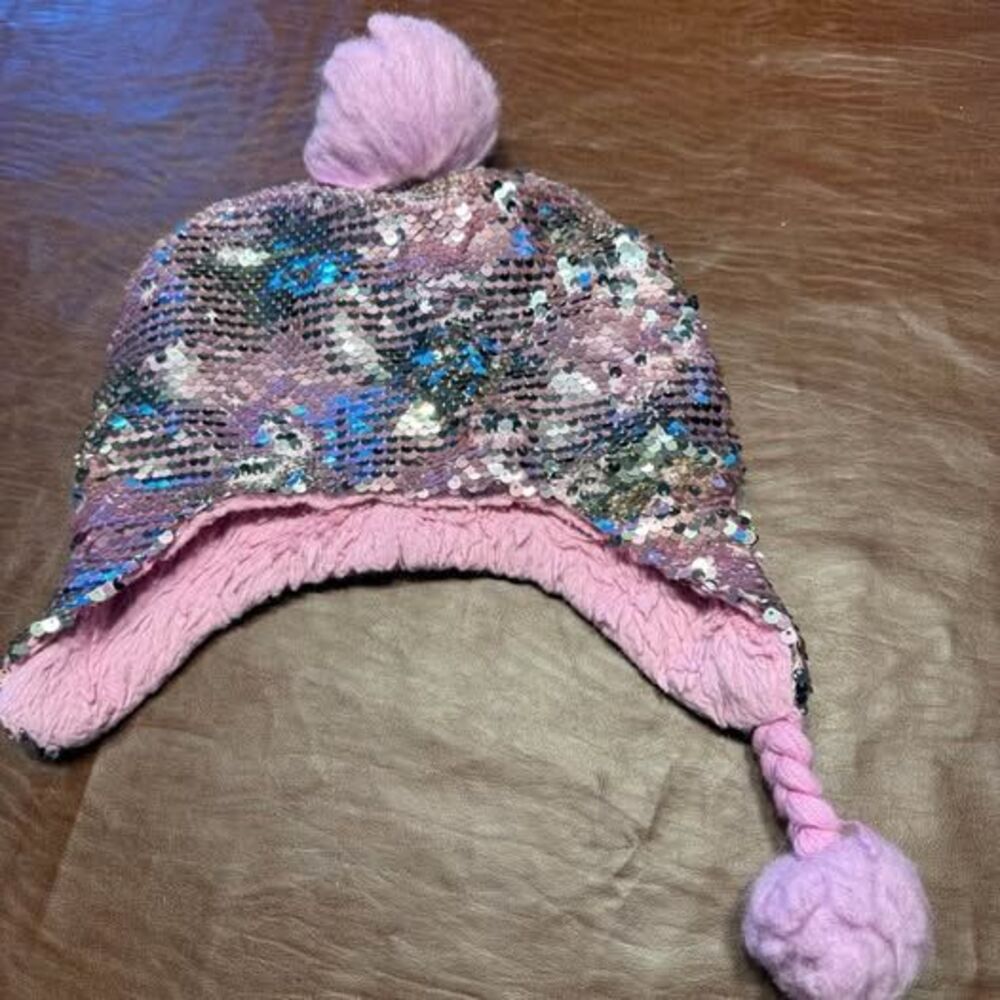 Mystic Apparel Pink Sequin Faux Fur Earflap Beanie